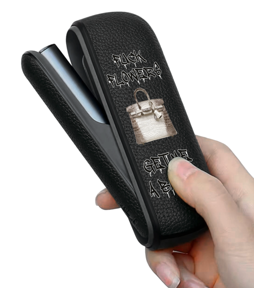Чохол з боковою панеллю з екошкіри для IQOS ILUMA з принтом Fuck flowers get me a birkin (black)